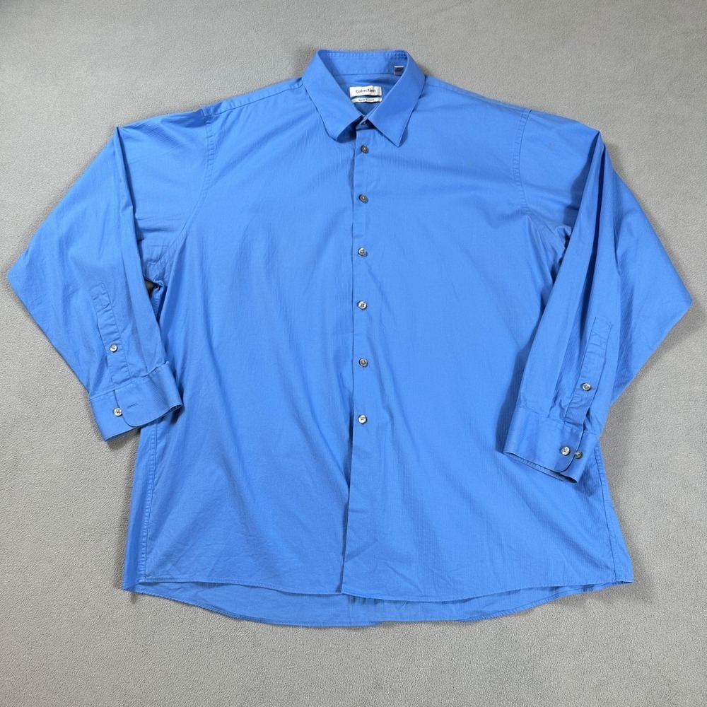 Calvin Klein Mens Blue Regular Fit Stretch Dress Shirt Size 18 34/35 Herringbone